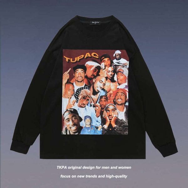 

tkpa high street hip hop rap figure tupac printed long sleeve sweater men's and women's oversize loose fashion, Black