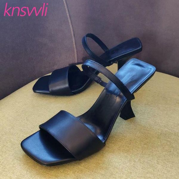 

summer slippers women genuine leather mules high heel woman open square toe ladies slides runway shoes heeled sandals women 2021, Black