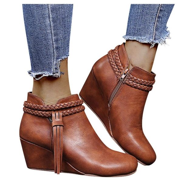 

boots retro women platform tassel wedges zipper solid color short booties round toe shoes for zapatos de mujer, Black