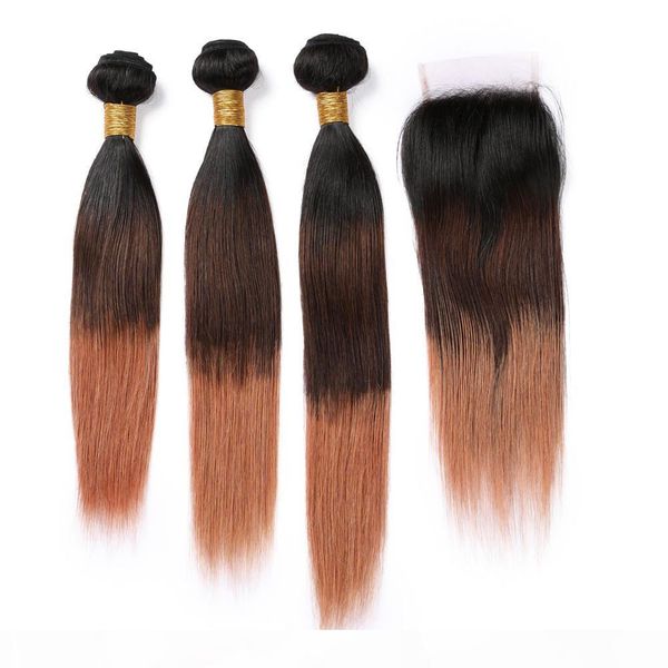 

straight 1b 4 30 ombre malaysian human hair 3bundles and closure dark root medium auburn ombre lace closure 4x4 with weaves three tone, Black