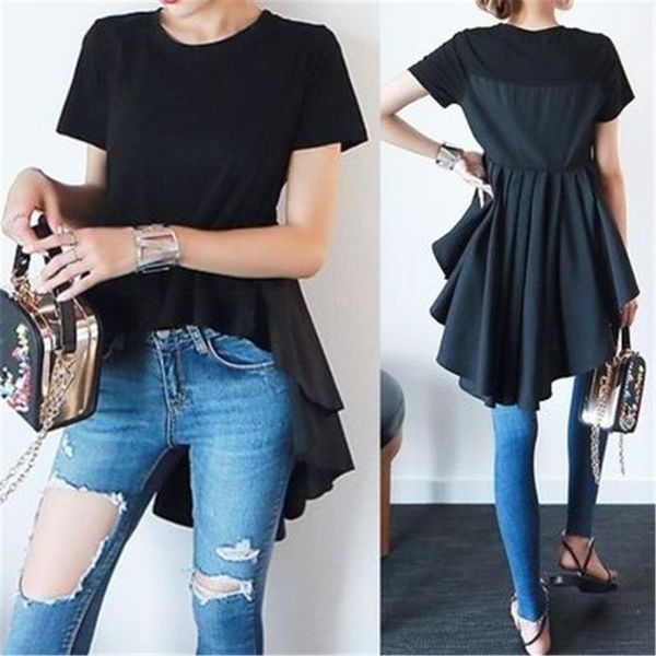 

women's t-shirt solid black japan korean style women tees short sleeve round neck asymmetric office ladies casual summer, White