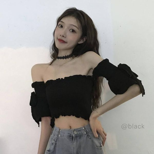 

women's t-shirt summer club slash neck black crop slim short sleeve t-shirts breast wrap off shoulder backless tees clothing, White