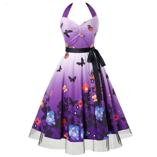 

intage dress women 2021 summer butterfly print halter party dresses vestidos plus size 3nii, Black;gray