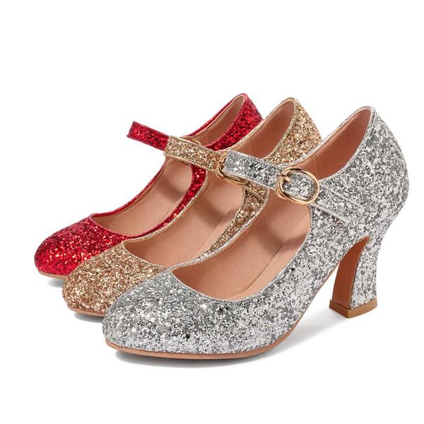 

dress shoes coolulu high heels women pumps glitter block wedding buckle round toe red bridal ladies spring size, Black