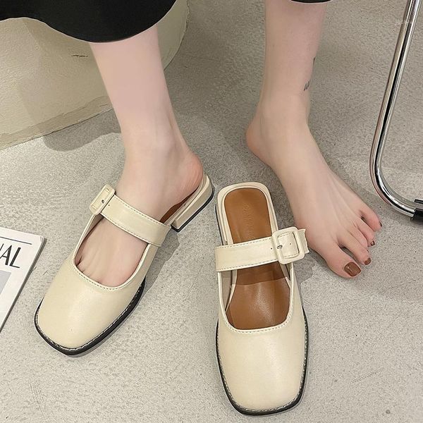 

slippers rimocy fashion buckle mule women 2021 beige square toe low heel sandals woman slip on pu leather office summer footwear1, Black