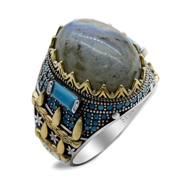 

cluster rings oval natural labradorite 925 sterling silver men's ring claw setting design punk style jewelry gift, Golden;silver