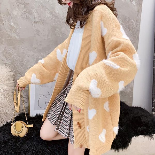 

women's knits & tees 2021 spring autumn style young love pattern sweater sweet v-neck cardigan jacket single breasted elegant, White