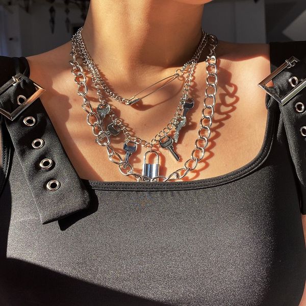 

hip hop necklace hollow out ring thick chain retro multiple key pendants exaggeration personality fashion multi layer necklace, Silver