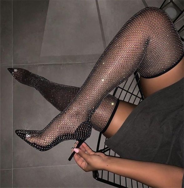 

boots summer shiner rhinestone mesh thigh pointed toe thin high heels women bling crystal fishnet over the knee shoe, Black