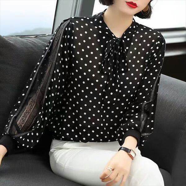 

chiffon bow o neck womens shirt polka dot long lantern sleeve leopard print blouses casual loose plus size 5xl, White