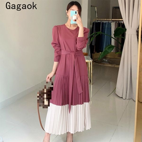 

women dresses french fashion spring autumn o-neck patchwork sashes midi dress slim pleated chic wild vestidos 210531, Black;gray
