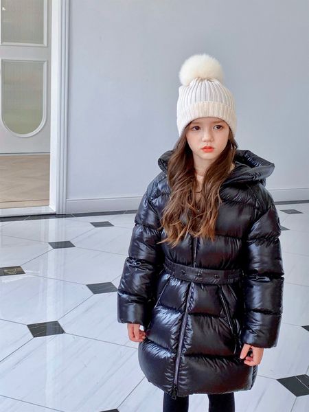 Winter Kinder Daunenmantel Kinder Mädchen verdicken warme lange Jacken mit Gürtel gestreifte Jacke Kleinkind Kapuzenoberbekleidung