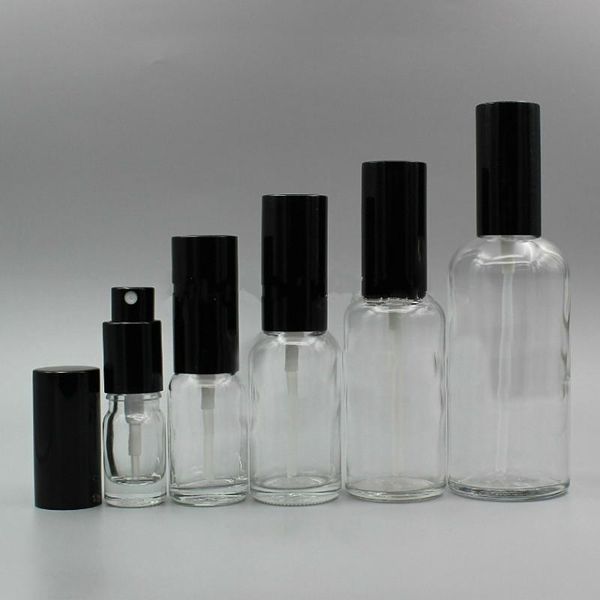 

5/10/15/20/30/50/100ml empty clear glass bottles perfume spray bottle black cap cosmetic toner lotion pump vial glass atomizer