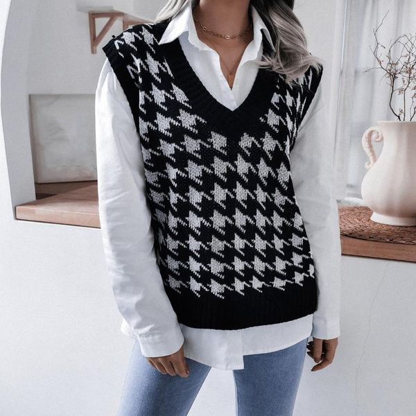 

women's sweaters women sweater vest autumn houndstooth plaid v-neck sleeveless knitted vintage loose oversized female pullover waistcoa, White;black