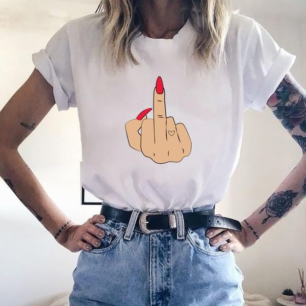

middle finger print t shirt women harajuku vogue tshirt camisas red nails 90s hip hop punk women shirt hipster streetwear femme, White