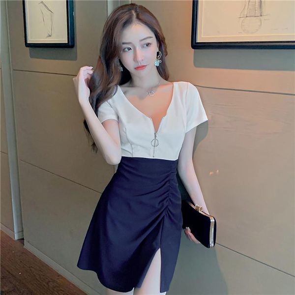 

casual dresses real shooting front zipper low chest short sleeve high split buttock dress night work clothes for women, Black;gray