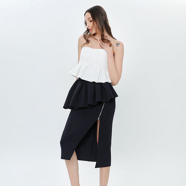 

elegant women two piece set white strapless ruffle high waist skirt female bodycon midi skirts suits 2021