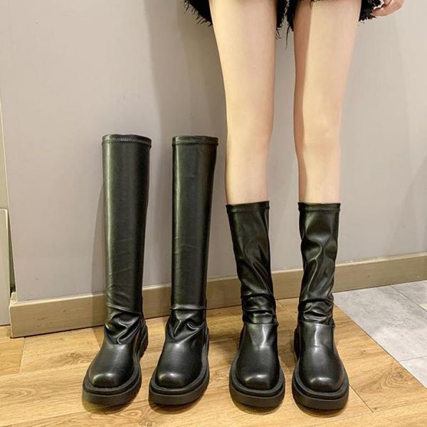 

boots 2022 soft leather women knee high slip on platform shoes classic black footwear winter autumn ytmtloy botines de mujer