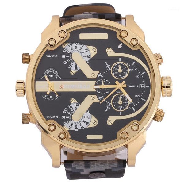 

wristwatches shiweibao military sports quartz men's watch large table two time dates display camouflage leather strap relogio masculino, Slivery;brown