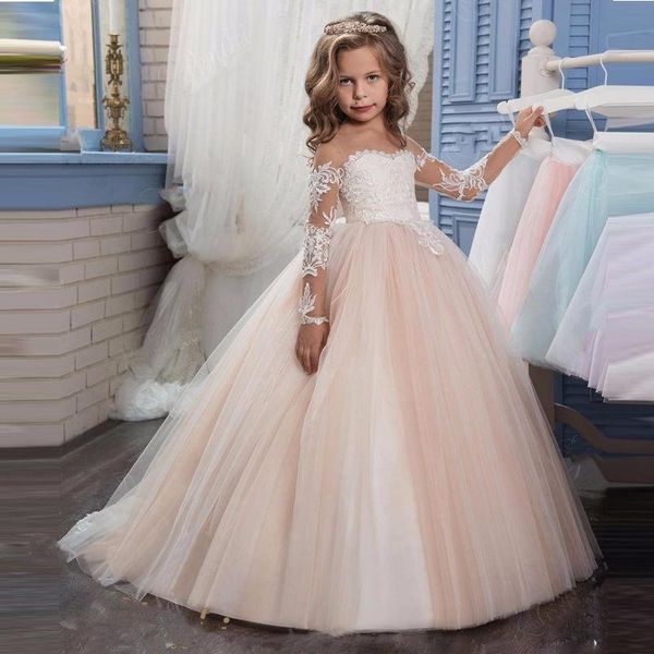 Abiti da ragazza Abito da sposa in pizzo per bambini Abito da ballo in tulle a maniche lunghe Ragazza floreale Principessa bianca Piccola sposa con strascico