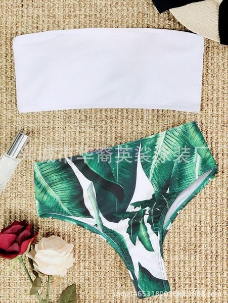 

women's swimwear by dhl 200pcs women strapless palm leaf print high cut bikini set bandeau push up padded swimsuit bathing suit, White;black