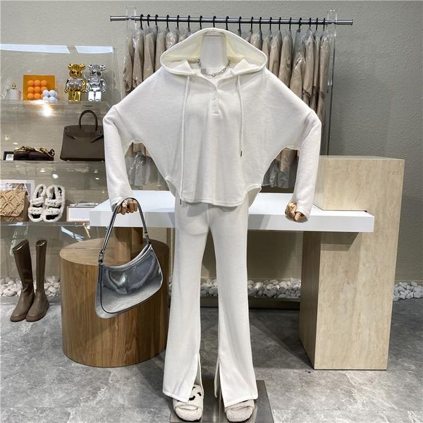 

women's two piece pants brand original design hooded bat sleeves curved hem drawstring hoodie high waist leg length slit straight trous, White
