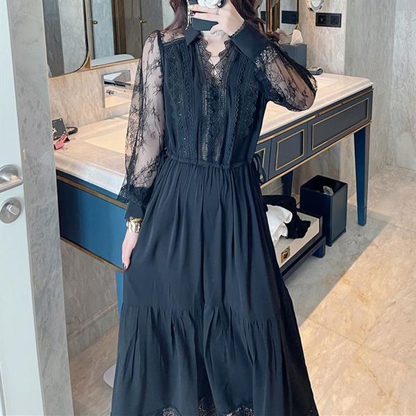 

casual dresses lace boho elegant autumn luxury dress embroidery party women a-line 2021 long sleeve runway spring high waist vintage, Black;gray