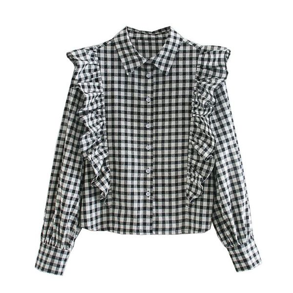 

women's blouses & shirts women 2022 fashion plaid ruffle trims loose vintage long sleeve button-up female blusas streetwear, White