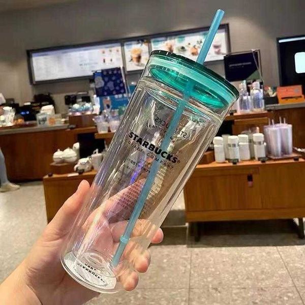 

2021 limited edition starbucks mugs classic green lid double-layered glass straw cup large capacity