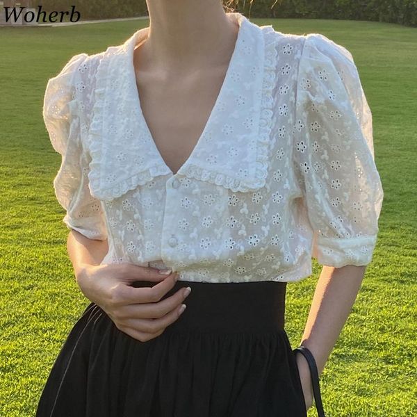 

women's blouses & shirts woherb summer embroidery retro gentle streetwear 2021 office lady casual chic all match stylish short, White