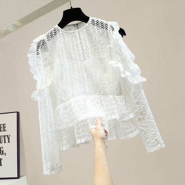 

female 2021 autumn fashion design frilly sewing off the shoulder cool crochet hollow loop woman sweaters shirt ky4p, Black