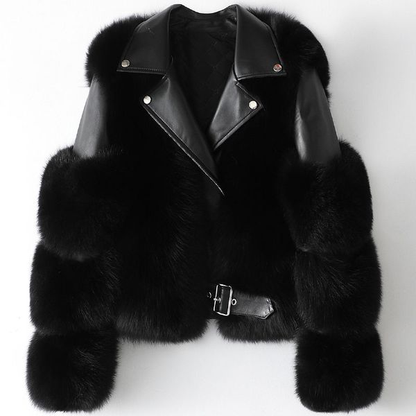 

winter fashion women real fox fur coats with genuine sheepskin leather whole skin natural fox fur jacket luxury outwear 2020 new, Tan;black