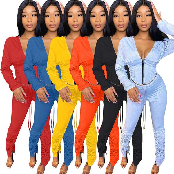 

2021 new two piece women fall clothes outfit zip stacked leggings pants stretch joggers matching set wholesale dropshipping nqwc, Gray