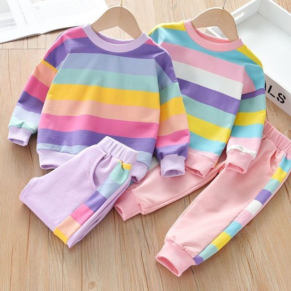 

children clothing spring autumn toddler girl clothes rainbow sweater pants 2pcs outfit kids sport suit for girls clothing sets, White