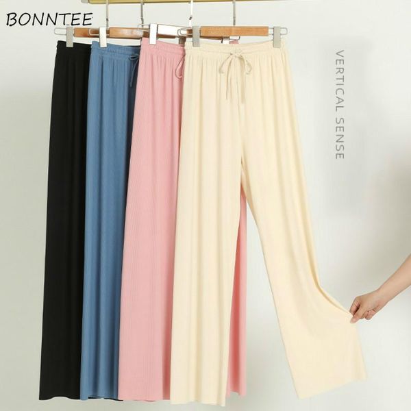 

women's pants & capris casual women summer soft silk wide leg loose elastic waist straight trousers skin-friendly comfortable solid sim, Black;white