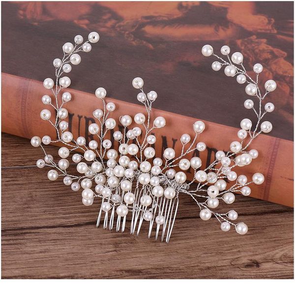 

trendy pearl wedding hair combs hair accessories tiara women bridal headpiece bride hair ornaments qylwhc, Silver