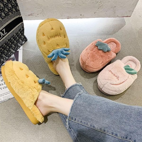 

slippers winter fashion plush for women to wear home lovely cartoon fruit cotton comfortable soft bottom, Black