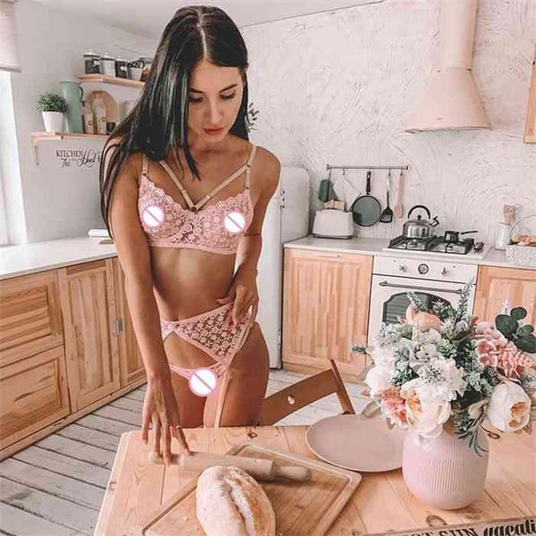 

transparent floral lingerie set 3 piece set underwear set bra with bones sensual lingerie woman pink erotic lingerie, Black;white