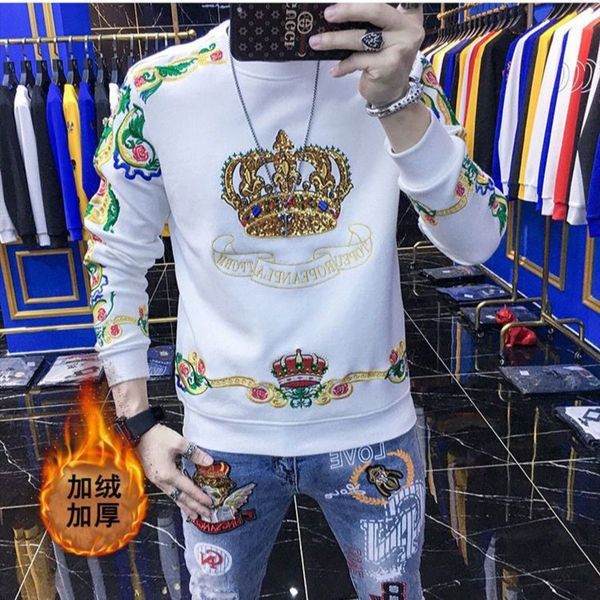 

2021 autumn and winter new embroidered crown men's sweater plush long sve t-shirt round neck bottomed shirt trend, Black