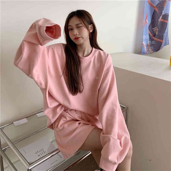 

women's tracksuits spring summer loose solid color two piece set o-neck sweatshirts and shorts outfits gaug, Gray