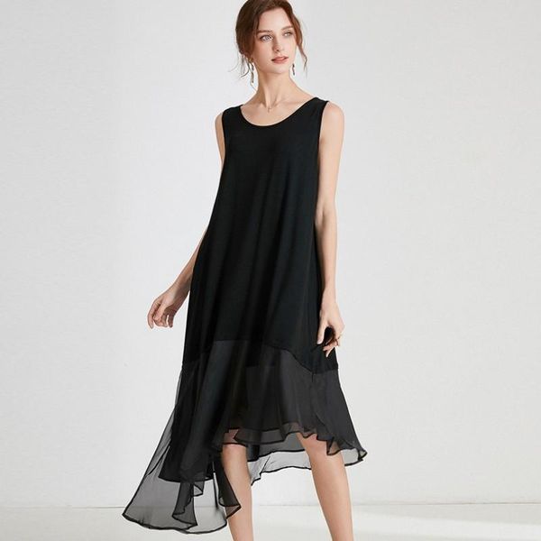 

jry new summer fashion dress women sleeveless irregular loose dress lady solid color chiffon splice casual, Black;gray