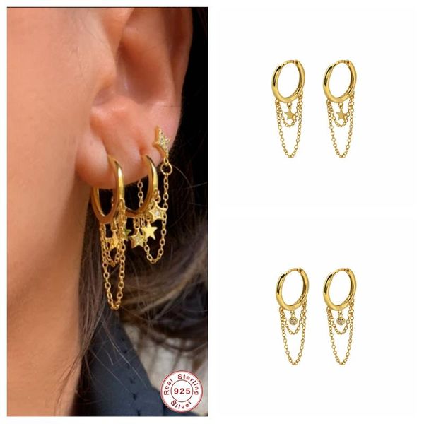 

hoop & huggie 100% soild 925 sterling silver chain tassel earring star earrings fine jewely for woman ladies bijoux femme charming gift, Golden;silver