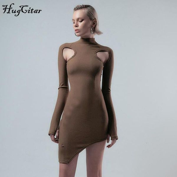 

hugcitar 2021 long sleeve cut out patchwork mini dress autumn winter women fashion streetwear pure party outfits, Black;gray