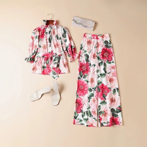 

european and american catwalk models high-quality printed lace-up + straight trousers suit, White