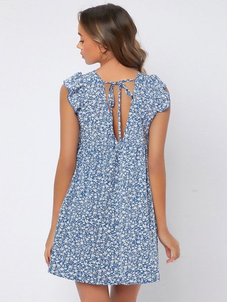 

petite ditsy floral ruffle armhole tie back dress e6ry#, Black;gray