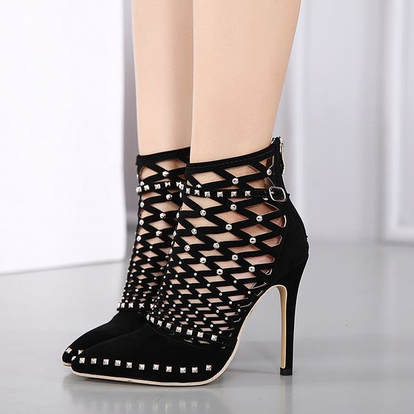 

new 2021 gladiator roman sandals summer rivets studded cut out caged ankle boots stiletto high heel women shoes party bootie 40 a4fk, Black