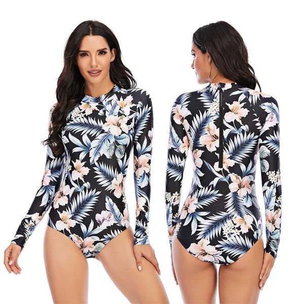 

2021 new rashguard one piece swimsuit women's floral print long sleeve diving swimwear bathing suit female surfing swimming suit
