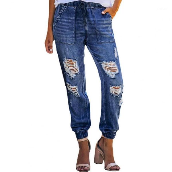

women's jeans women fall casual ripped pockets elastic harem pants solid color skin-friendly ankle banded lady 2xl, Blue