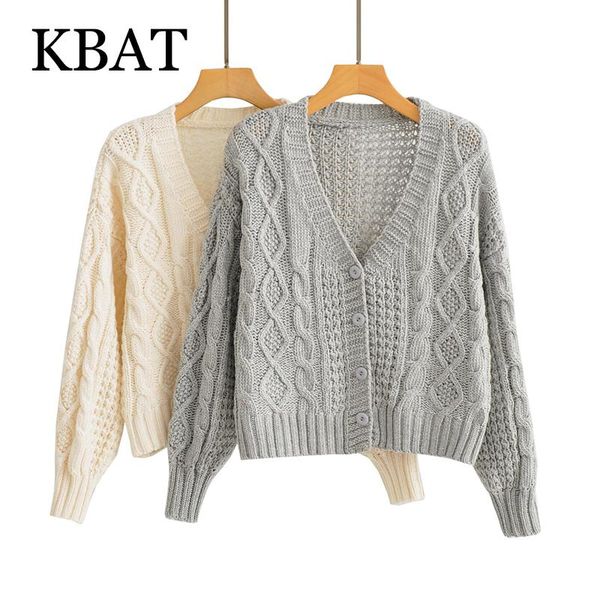 

women's knits & tees kbat 2021 v-neck solid color knit cardigan sweater retro long sleeve buttoned jacket, White