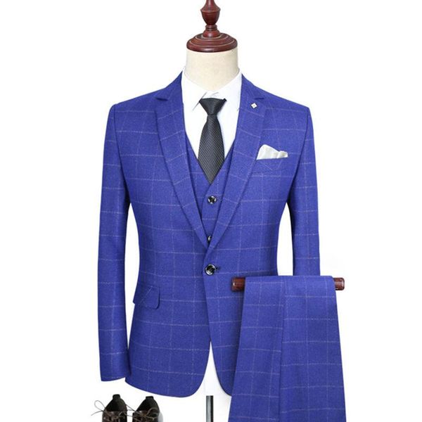 

men's suits & blazers male high end custom british plaid wedding dress groom large size suit 3 piece set pants vest jacket trousers s-5, White;black